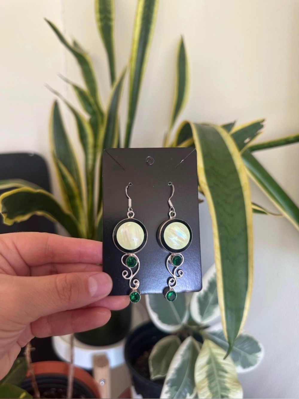 Vintage Iridescent Mother-of-Pearl and Green Stone Silver 925 Drop Earrings
